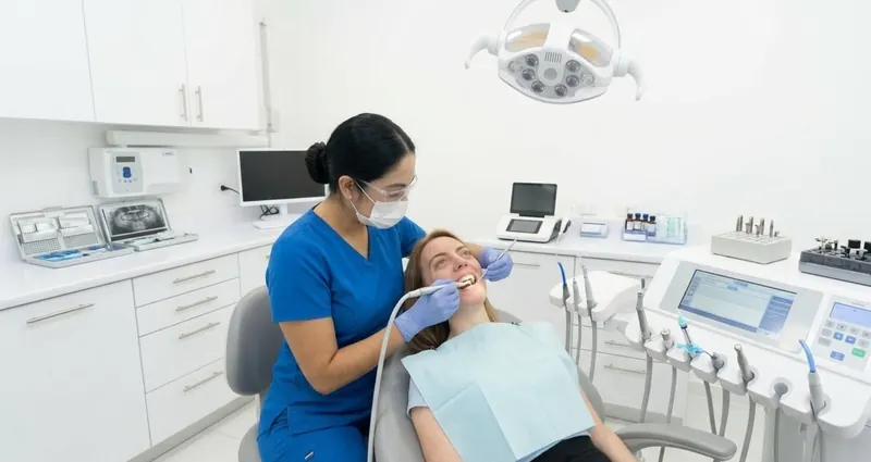 Odontóloga de SerenityDent realizando un procedimiento en el consultorio